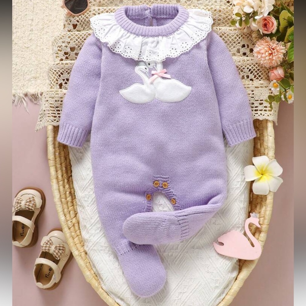 Never worn Lilac Knit Baby Romper with Swan Applique